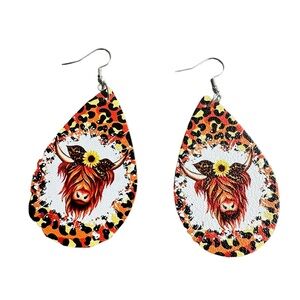 Highland Cow and Animal Print Leather Drop Earrings